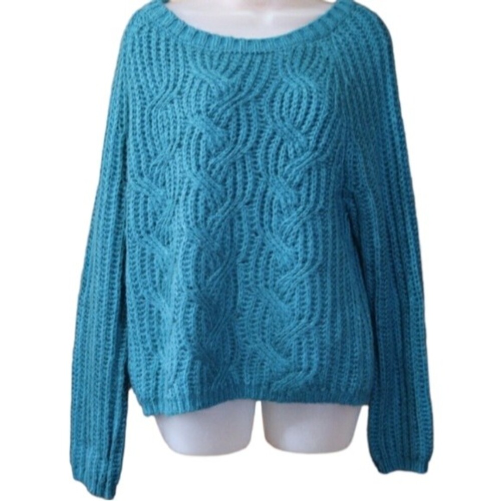 Cloud Chaser Blue Knit Pullover Sweater Swirl Knit Boat Neck Off Shoulder XL